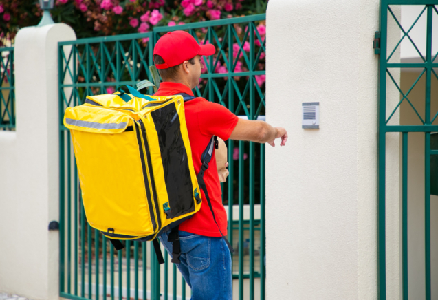 courier-uniform-with-isothermal-food-backpack-package-ringing-doorbell-shipping-delivery-service-concept